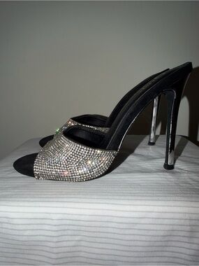 Black Crystal-Embellished Slip-On Women's Heels